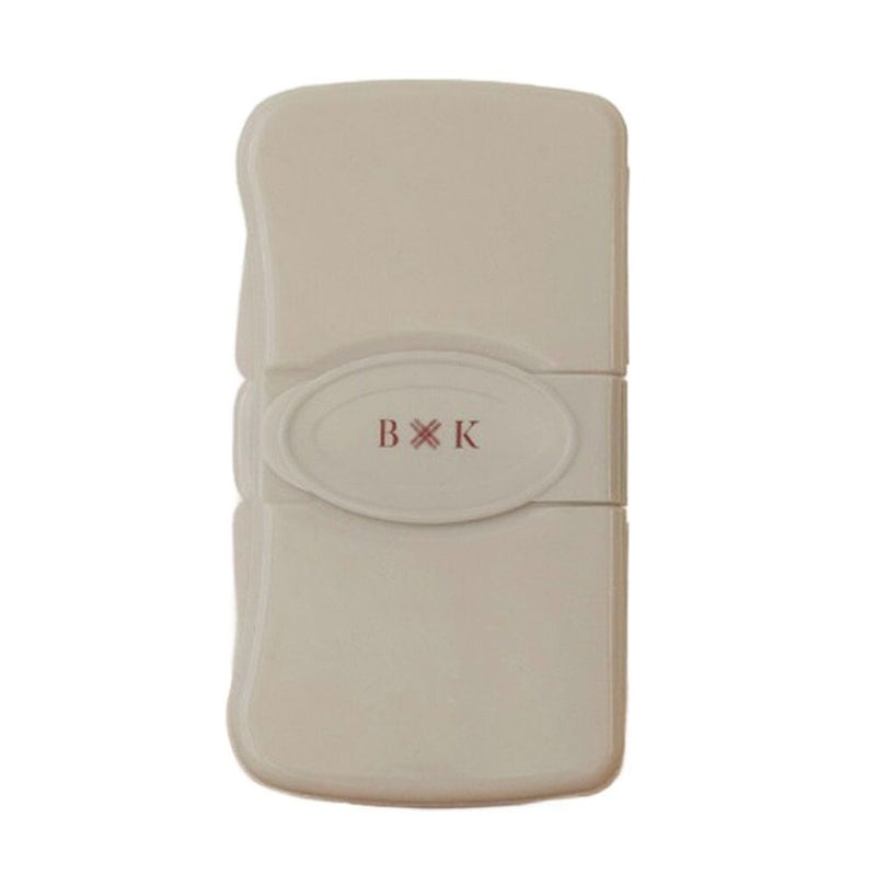 The Bonnie & Kind Wipes Holder is a compact, beige plastic case with a central oval label featuring the "B K" initials and red crossed utensils, perfect for carrying wet wipes or Baby Kits on the go.