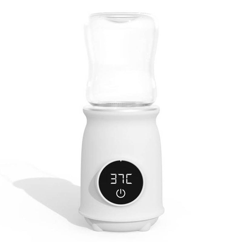 The Jiffi Portable Bottle Warmer V3 by Jiffi is a white device with a digital display showing "37°C" and a power button, holding a transparent baby bottle on top.