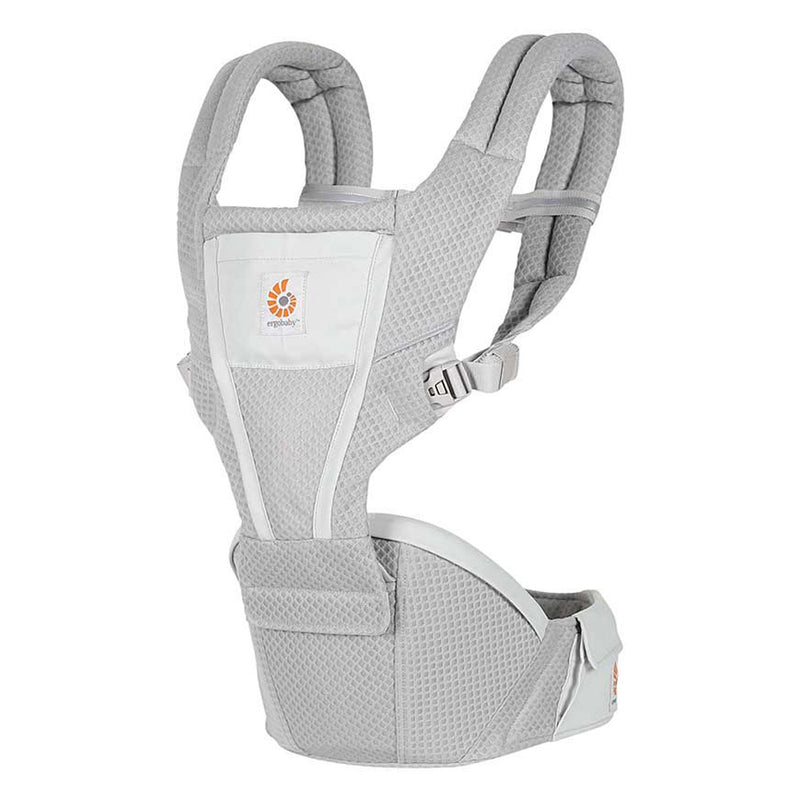 The ErgoBaby Ergobaby Alta Hip Seat Baby Carrier is a light gray, ergonomic carrier with padded shoulder straps, adjustable buckles, and a supportive waistband for hands-free front or back baby carrying.