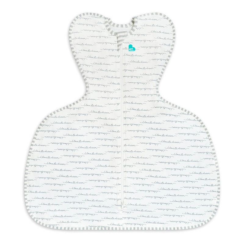 The Love To Dream Swaddle UP Original Hip Dysplasia 1 Tog is a white swaddle with gray script, gray trim, and a central zipper. Its winged design gently supports healthy hip positioning while keeping your baby cozy and secure.