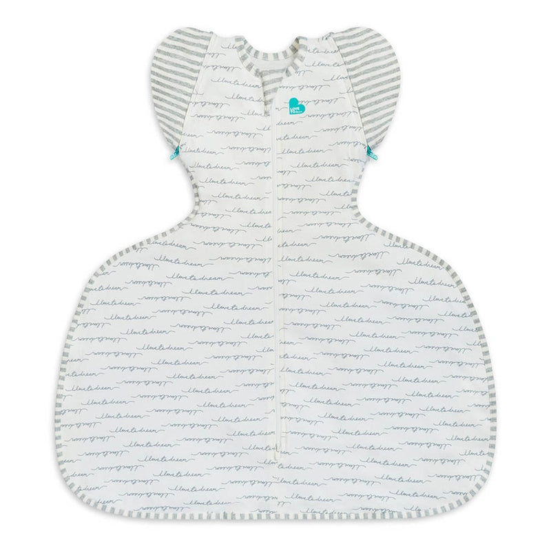 The Love To Dream Swaddle UP Original Transition Bag Hip Dysplasia 1.0 Tog is a white swaddle with gray handwriting script, gray striped sleeves and trim, teal zipper pulls, a center zipper, and a logo near the neckline. Accommodates hip dysplasia harness.