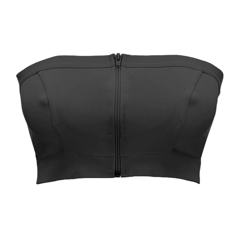 The Medela Hands Free Pumping Bustier by Medela is a black strapless bandeau top with a front zipper and subtle seam details, designed as a hands-free pumping bra compatible with Medela pumps, shown on a plain white background.