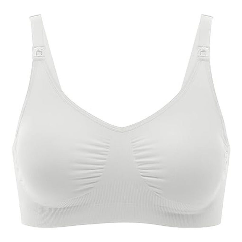 The Medela Hands Free 3 in 1 Nursing & Pumping Bra by Medela is a white seamless bra with adjustable straps and clip-down clasps, ideal for hands-free use with electric breast pumps, shown against a white background.