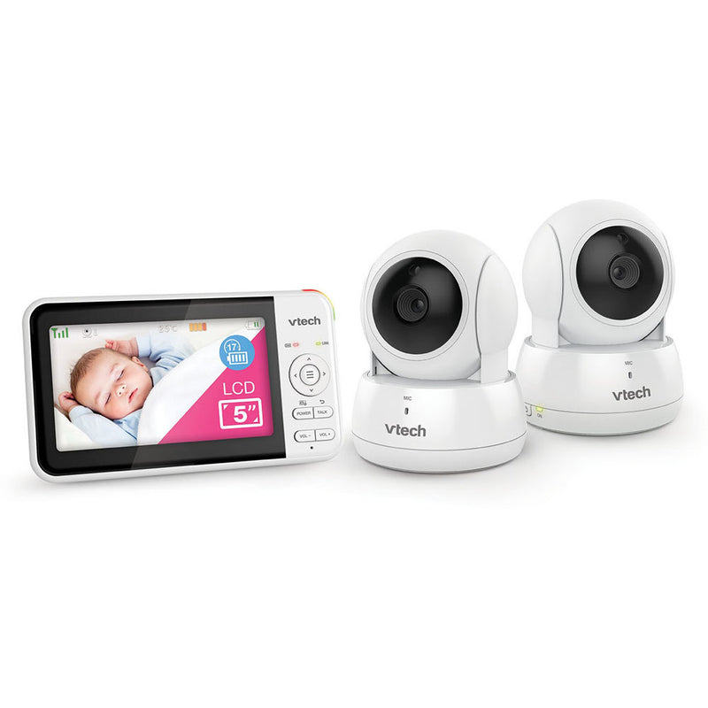 The VTech BM5550AU 2 baby monitor features a 5" LCD screen and two white Vtech pan & tilt cameras, providing clear video and audio for reliable monitoring.