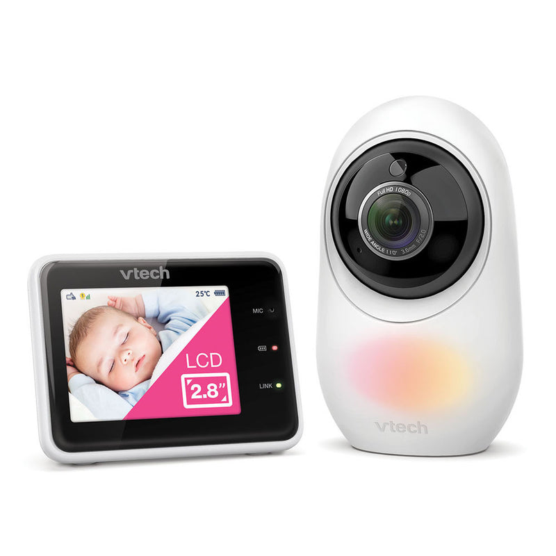 The VTech RM2751 HD 2.8" Video Monitor With Remote Access features a white camera and LCD parent unit displaying video, temperature, and more—a smart WiFi baby monitor from VTech that provides peace of mind.