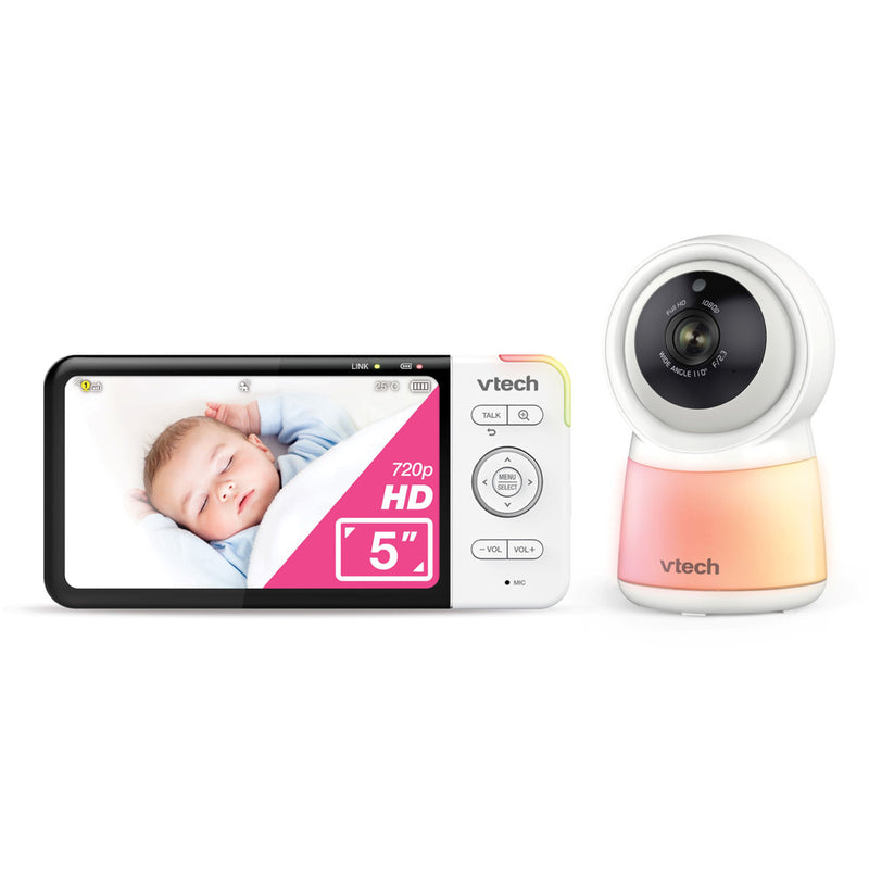 The VTech RM5754HDV2 HD 5" Video Monitor With Remote Access features a 5-inch 720p HD display, easy-to-use control buttons, and a separate round camera—ideal for parents wanting a reliable Wi-Fi baby monitor.