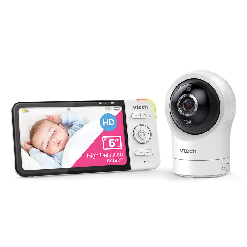 The VTech RM5764HDV2 HD 5" Pan & Tilt Video Monitor features a handheld display showing a sleeping baby and a WiFi camera, with "HD 5'' High Definition screen" for easy remote viewing. Brand: VTech.