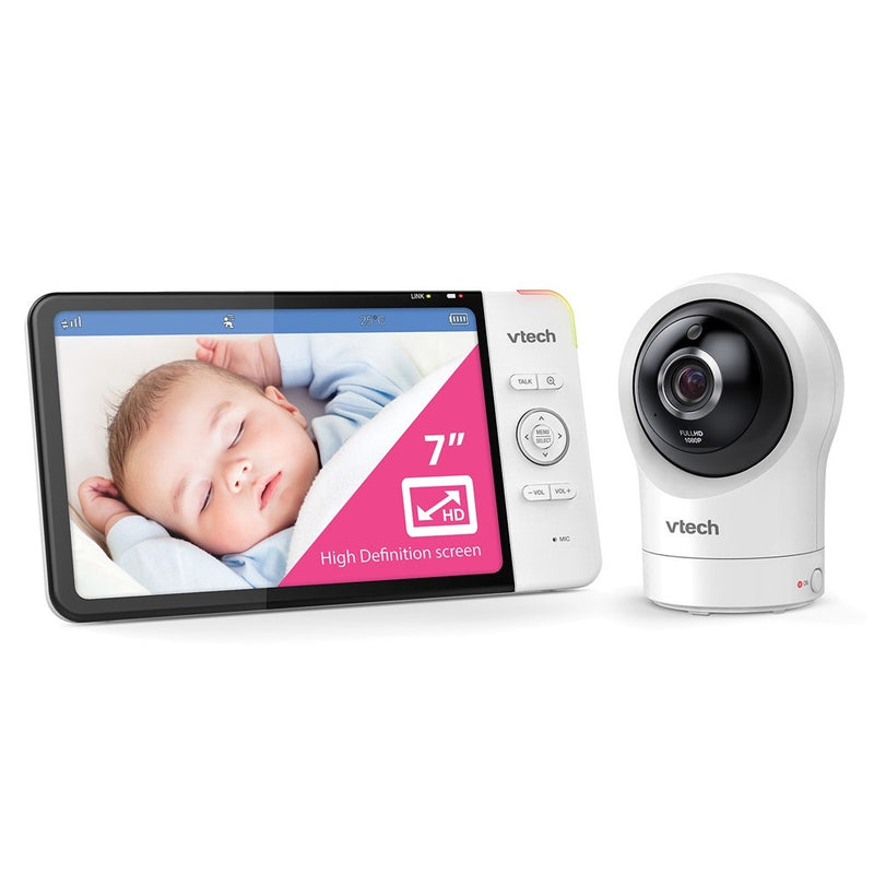 The VTech RM7764HDV2 HD 7" Pan & Tilt Video Monitor displays a sleeping baby next to its white camera, featuring infrared night vision for clear images day or night and remote access for added convenience.