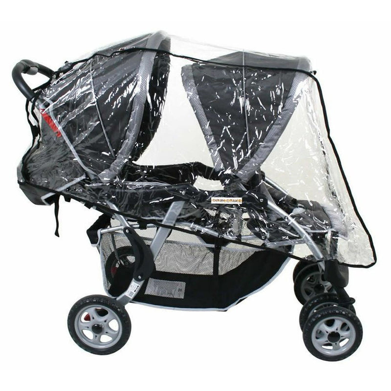 The Vee Bee Storm Cover Tandem With Dual Hoods by Vee Bee features side-by-side seats, black frames, mesh storage, and a universal cover to shield children from wind and rain.