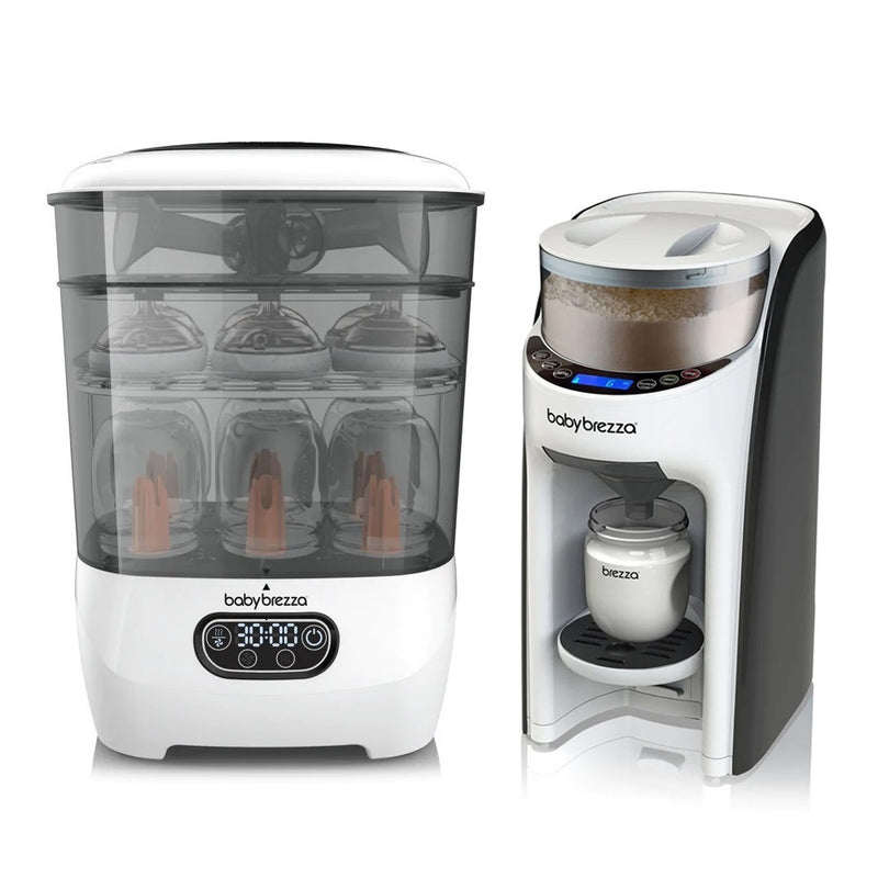 The Baby Brezza Formula Pro Dispenser Plus Steriliser & Dryer Bundle features a sleek white design with black and gray accents, including a bottle steriliser holding several bottles and a formula dispenser preparing a fresh bottle.