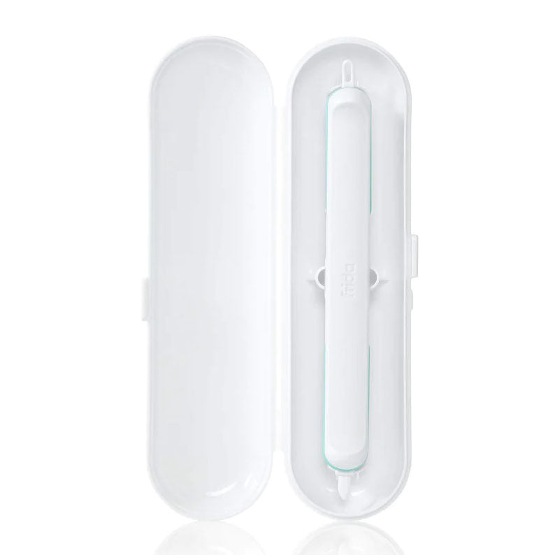 A white, rectangular case from Frida Baby is open to display the Frida Baby 3 in 1 Picker—a slim tool in white and light blue—neatly positioned in the center.
