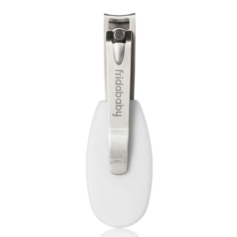 The Frida Baby Snipper Clipper Set features a stainless steel nail clipper with a white, rounded handle and "Frida Baby" on the lever—ideal for newborn care and shown on a white background.