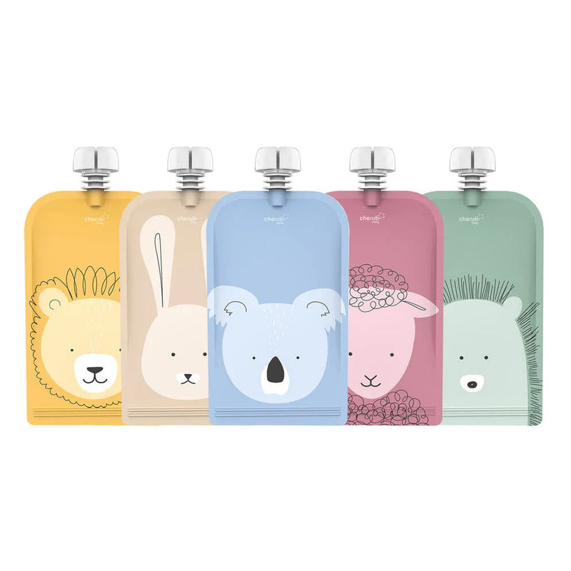 The Cherub Baby On The Go Reusable Animal Food Pouches 150ml by Cherub Baby come in yellow, beige, blue, pink, and green with lion, bunny, koala, sheep, and hedgehog faces. BPA free and leak-proof with gray caps—perfect for baby meal prep.
