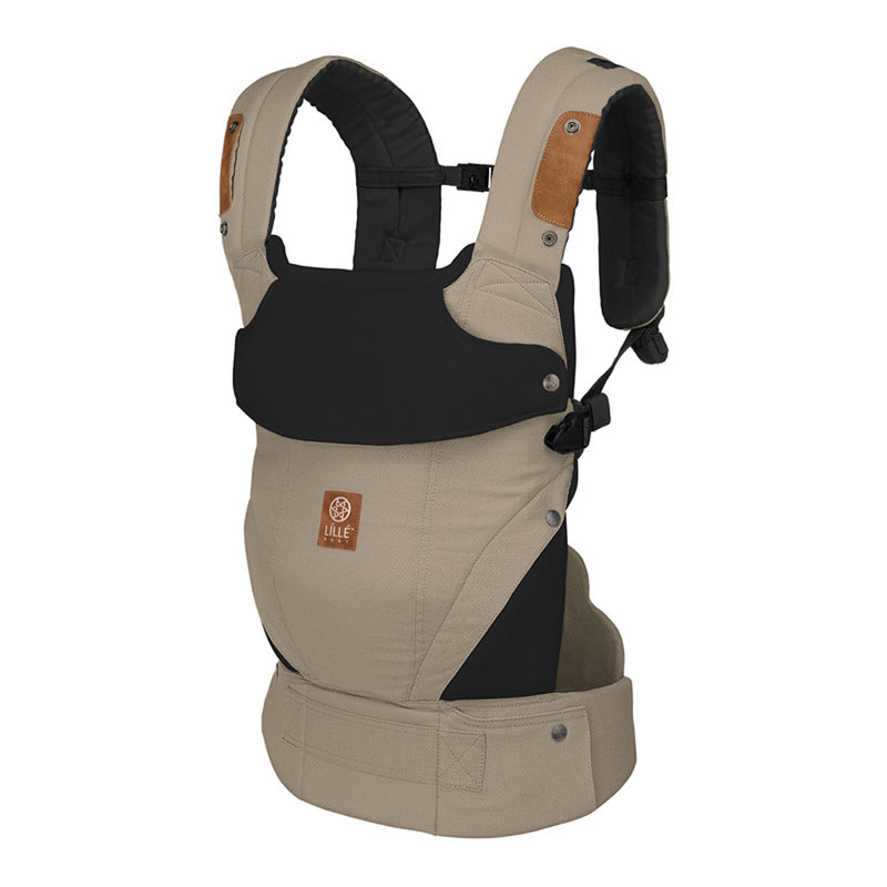 The LILLEbaby Elevate Carrier by Lille Baby is a tan and black adjustable baby carrier with padded shoulder straps, ergonomic waistband, front pocket logo, and a transitional seat for versatile comfort and support.