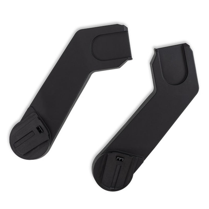 The Joolz Geo3 Maxi Cosi Adapters by Joolz are two black, L-shaped plastic adapters with round bases and unique locking mechanisms for attaching compatible car seats or accessories to the Joolz Geo³ stroller.