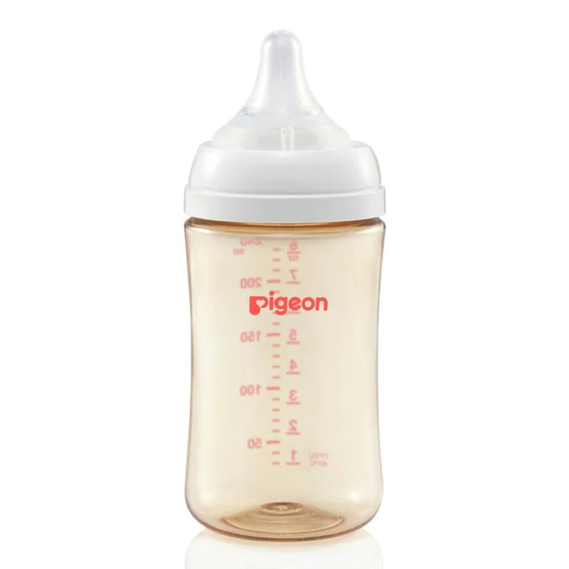 The Pigeon Softouch III Bottle PPSU 240ml is a transparent baby bottle with a white cap, clear silicone nipple, and red measurement markings up to 240 ml. "Pigeon" is printed in red, and the anti-colic design supports breastfeeding.