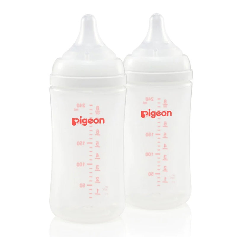 The Pigeon Softouch III Bottle PP Twin Pack 240ml includes two clear bottles with white lids and red measurement lines, offering gentle breastfeeding support and an anti-colic design for your baby's comfort.