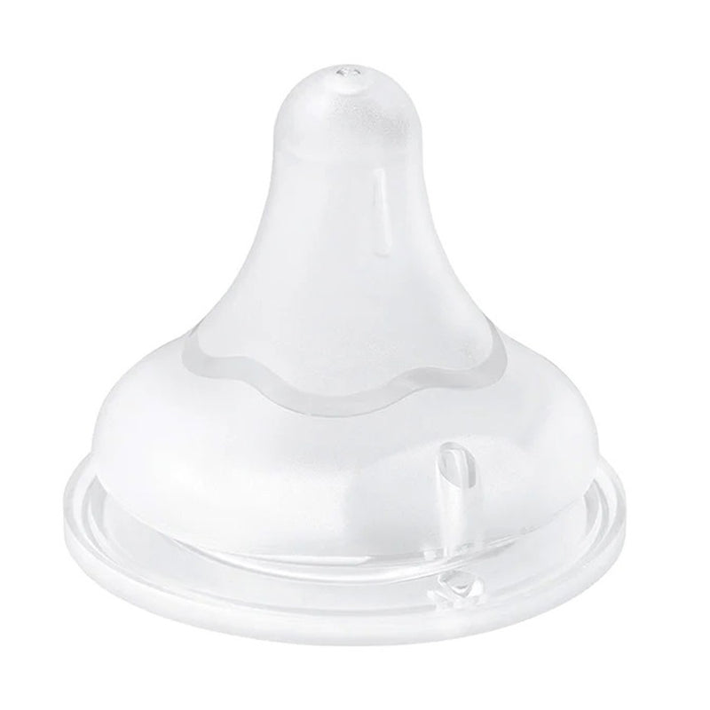 The Pigeon Softouch III Peristaltic Plus Teat 2pcs features transparent silicone nipples with round tips and wide bases for infant feeding, compatible with Pigeon SofTouch bottles, shown on a white background.