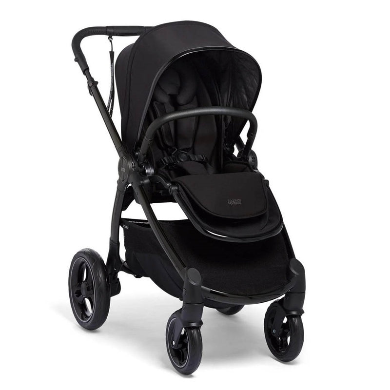 The Mamas & Papas Ocarro All-Terrain Pram is a modern black stroller with a canopy, padded seat, safety bar, and four wheels. It features a compact one-hand fold design and is shown on a white background.