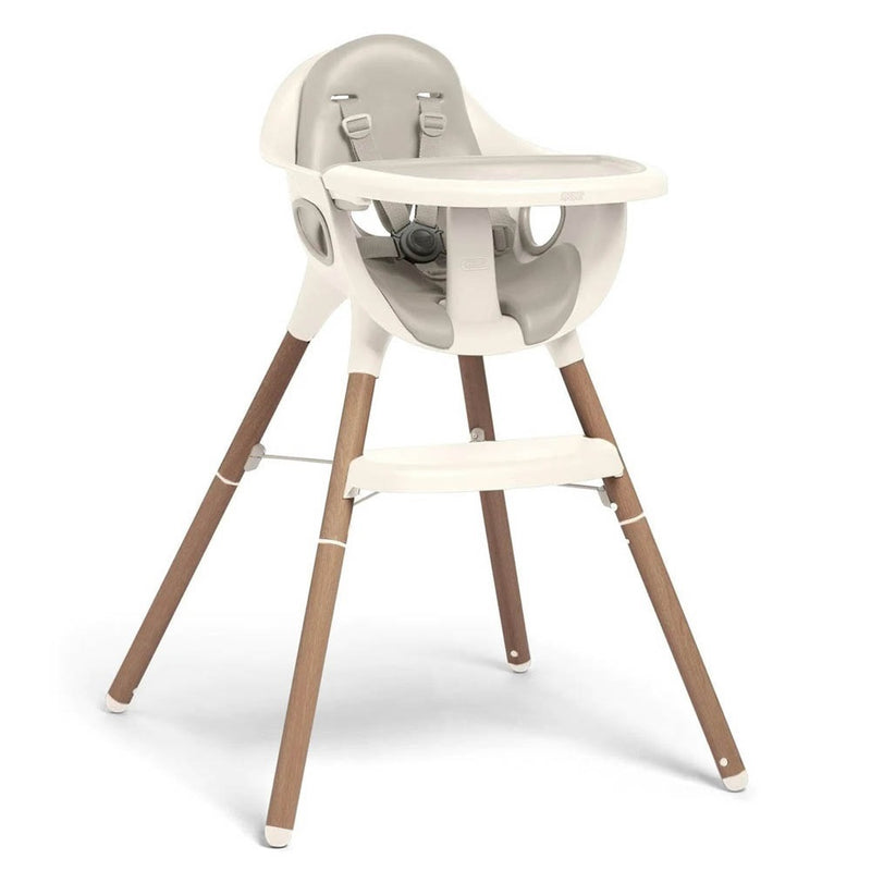 The Mamas & Papas Juice High Chair features a modern Scandi-inspired design with sleek gray and white seat, safety harness, dishwasher-safe tray, footrest, and wooden legs by Mamas & Papas.