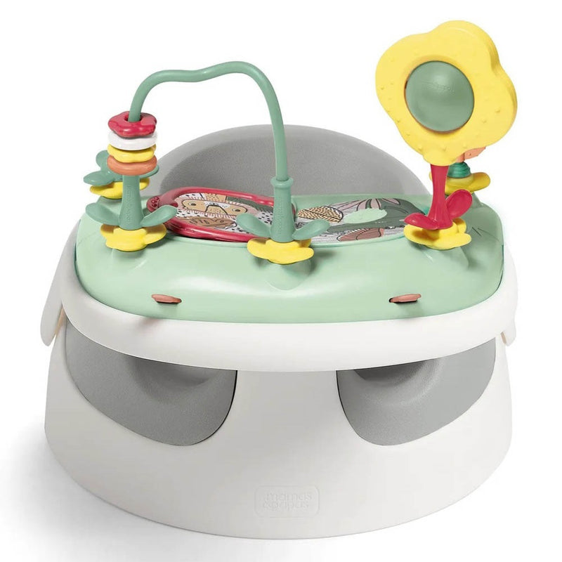 The Mamas & Papas Snug Floor Seat With Activity Tray is a white and gray supportive seat with a removable tray featuring colorful sensory toys for your baby's development.