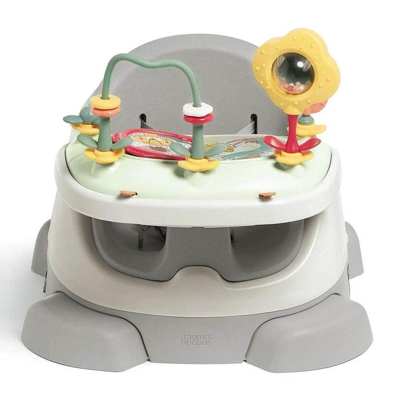 The Mamas & Papas Bug 3-in-1 Floor & Booster Seat with Activity Tray is a gray and white seat with sensory toys including a bead maze, spinning flowers, and a yellow rattle—ideal for weaning.