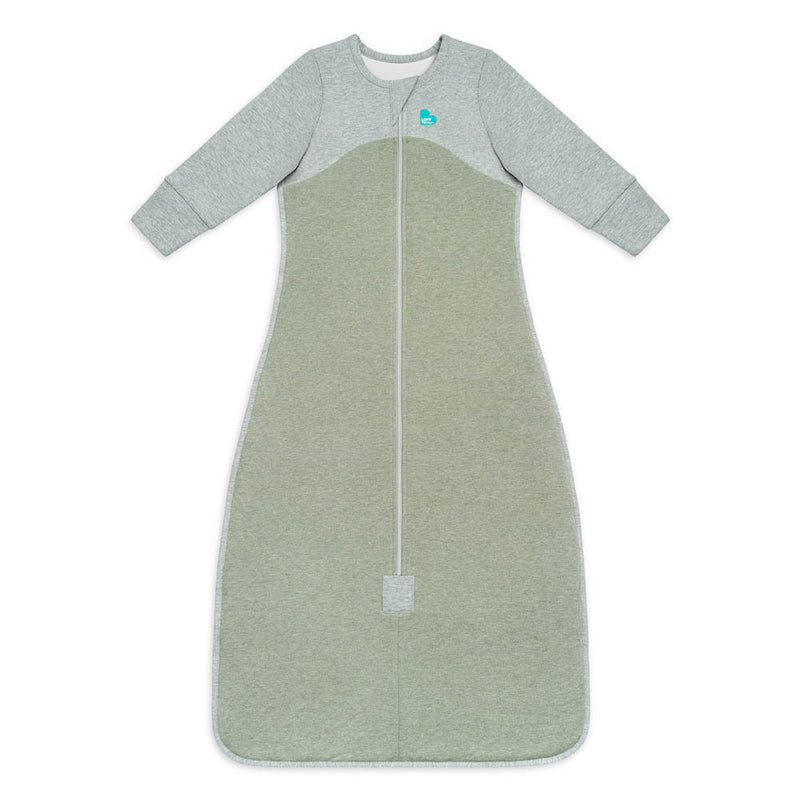 The Love To Dream Long Sleeve Sleep Bag Original 1.0 Tog by Love To Dream is a gray and light green wearable blanket for babies with long sleeves, a front zipper, and a small blue chest logo, shown on a white background.