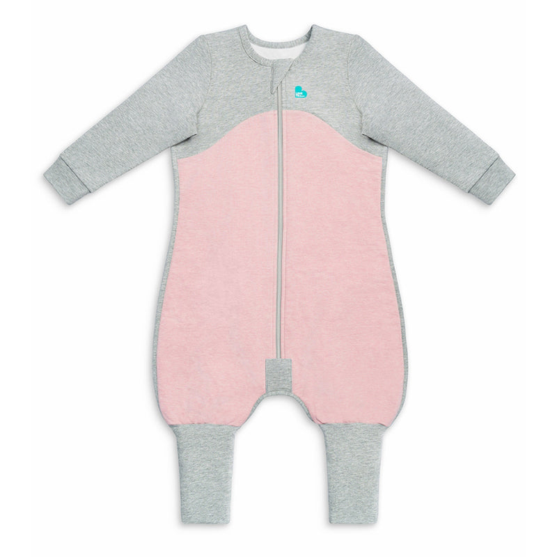 The Love To Dream Long Sleeve Sleepsuit Organic 1.0 Tog is a cozy, light pink baby sleepsuit with grey sleeves, cuffs, and shoulders, a front zipper, and a teal logo near the neckline—perfect as a wearable blanket.