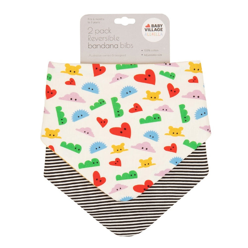 The All4Ella Baby Village Bandana Bibs 2pk includes two 100% cotton bibs—one with hearts, clouds, and animals, the other with black and white stripes. Tag reads "2 pack Reversible bandana bibs" from All4Ella.