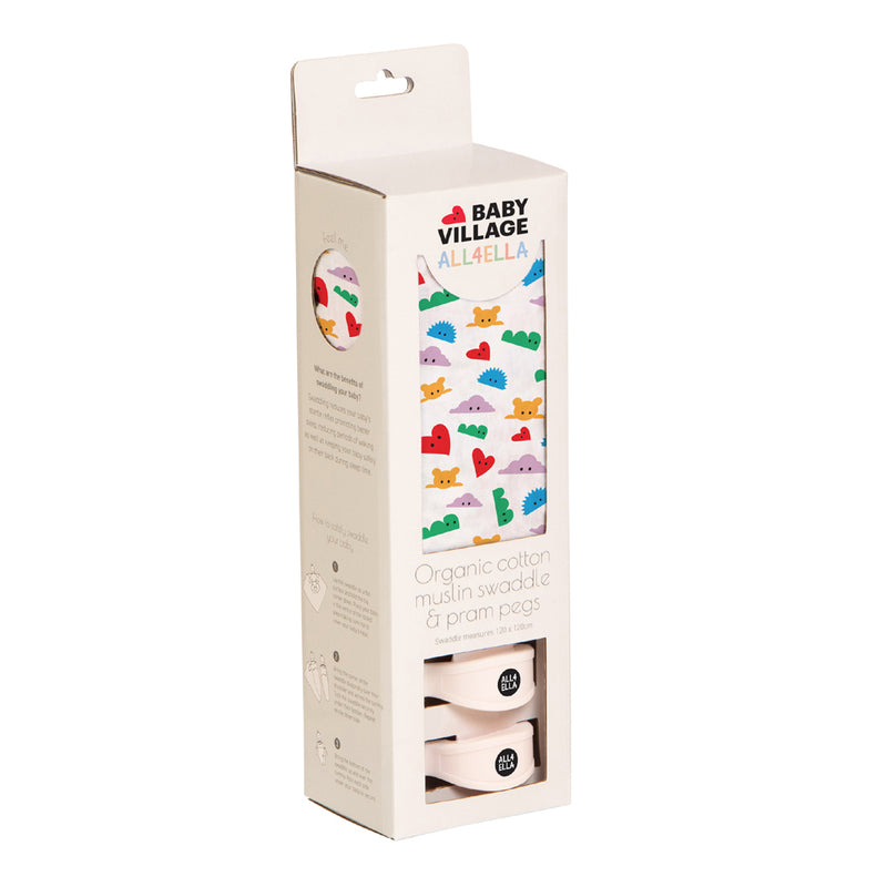 A white rectangular box for the All4Ella Baby Village Muslin & 2 Pram Peg Box Set, by All4Ella, displays a colorful animal and heart design with pram pegs visible through a lower window.