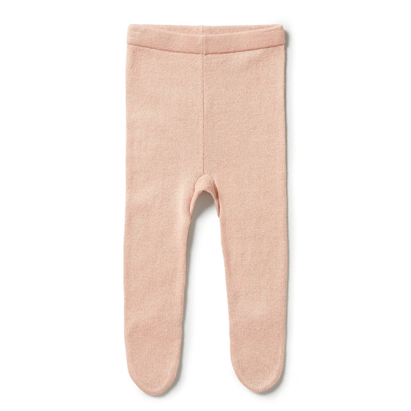 Wilson & Frenchy Knitted Legging with Feet Rose: soft cotton-bamboo-wool blend baby leggings in light pink, featuring enclosed feet and a seamless design, laid flat on a white background.