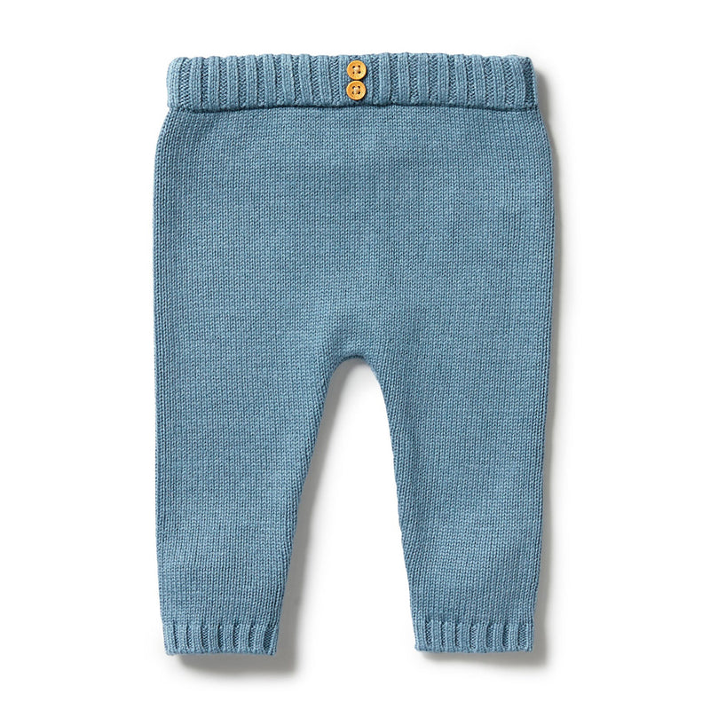 The Wilson & Frenchy Knitted Legging Bluestone are baby leggings crafted from a soft cotton bamboo wool blend with a ribbed waistband, two brown buttons, and ribbed cuffs—an adorable winter essential by Wilson & Frenchy.
