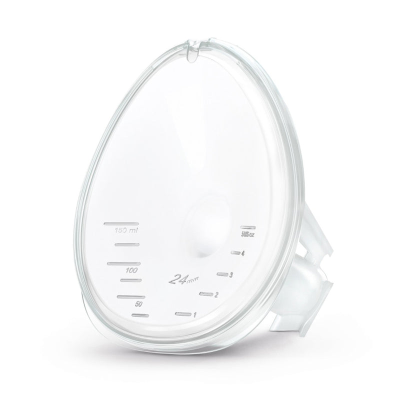 The Medela Freestyle Hands Free Breast Shield is a transparent, teardrop-shaped cup with measurement markings up to 150ml, a domed center, and a small spout for easy pouring; compatible with the Medela Freestyle Hands-free Breast Pump.