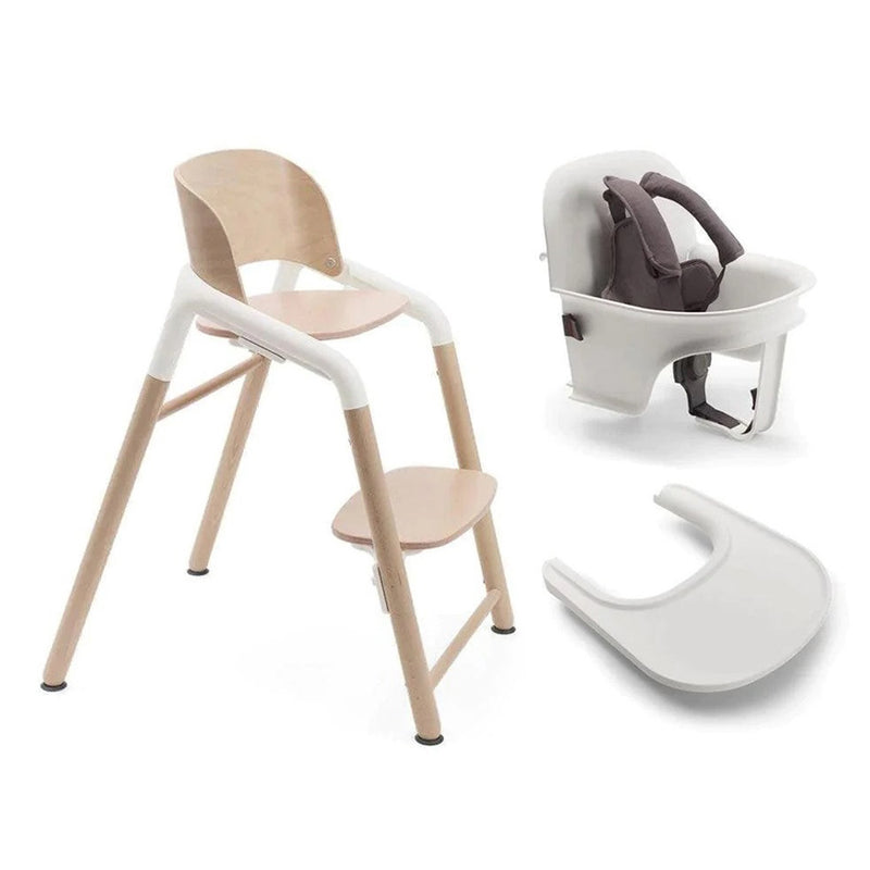 The bugaboo Bugaboo Giraffe High Chair V2 Bundle, a modern wooden high chair with white accents, features a detachable baby seat, safety harness, and tray. The ergonomic components are displayed on a white background.