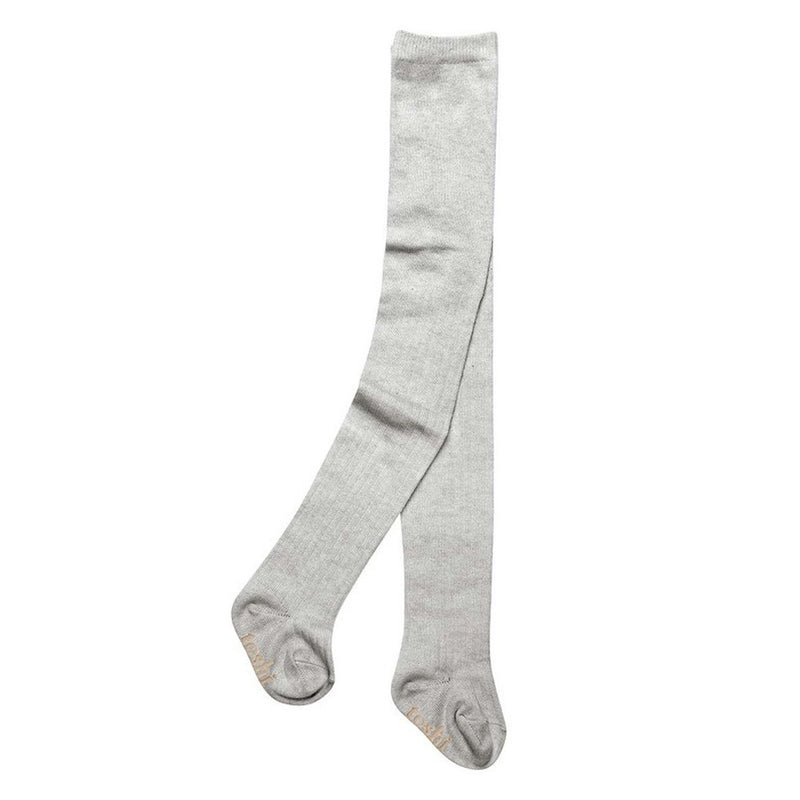 A pair of Toshi Organic Tights Footed Dreamtime Ash by Toshi in light gray melange, rib knit, laid flat on a white background with the toes slightly overlapping.