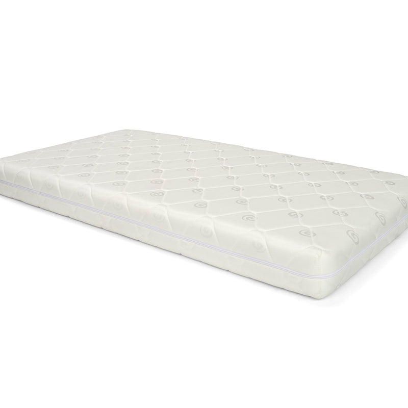 The Seena Rolled Compact Cot Inner Spring Mattress by Seena features a white bamboo fibre cover with a quilted diamond pattern and subtle swirl designs, offering an eco-friendly touch shown on a plain white background.