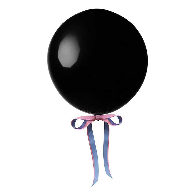 The Pearhead Gender Reveal Balloon Kit by Pearhead features a large black balloon with a pink and blue ribbon at the base, perfect for gender reveal celebrations; shown isolated on a white background.
