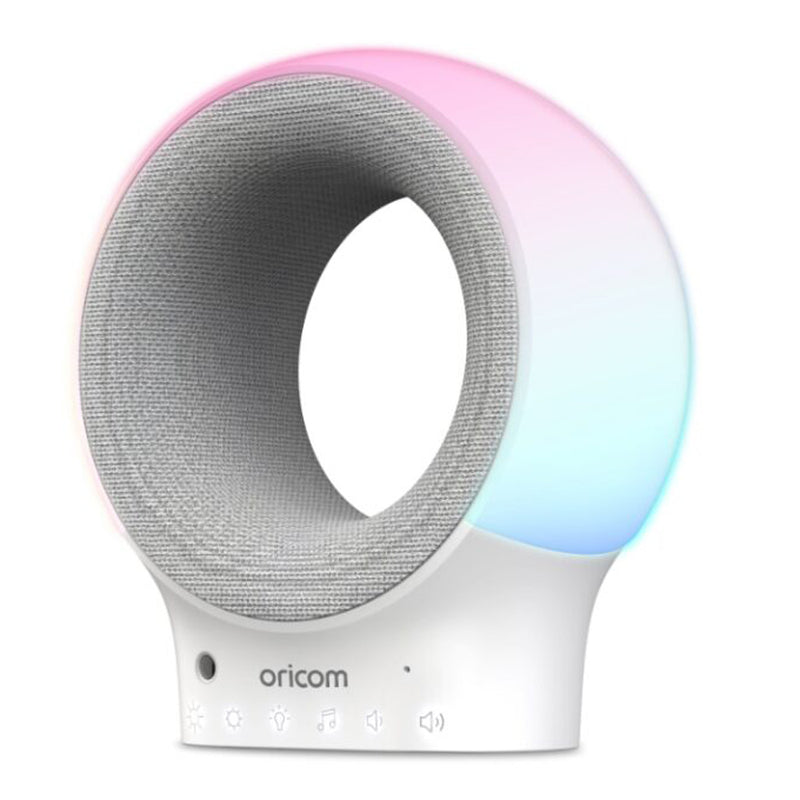 The Oricom Eclipse Smart Sound Soother features a circular wireless speaker with a hollow center, fabric inner lining, soft multicolored LED nightlight, and white base with buttons and Oricom branding on the front.