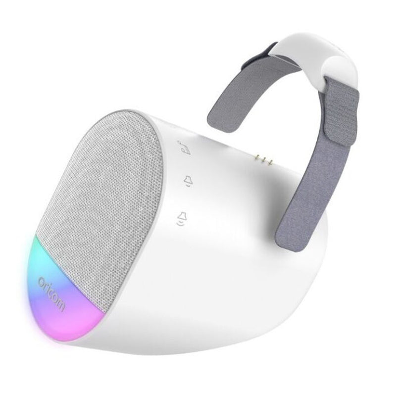 The Oricom Guardian Plus Smart Wearable Baby Monitor is a white, modern portable speaker with grey fabric front, rainbow LED light base, an adjustable grey strap at the top, and "Oricom" branding near the LED. Ideal for pairing with a baby monitor.