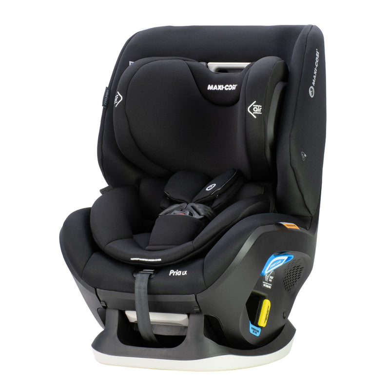 The Maxi Cosi Pria LX Convertible Car Seat by Maxi Cosi is a black seat for infants and toddlers, featuring padded sides, harness straps, headrest, and safety labels.