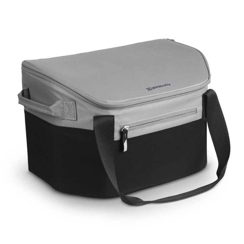 The UPPAbaby Bevvy insulated cooler bag by UPPAbaby has a gray top, black bottom, zippered front pocket, and adjustable black shoulder strap. It features a leakproof design and offers sturdy, spacious storage with a partially open lid.