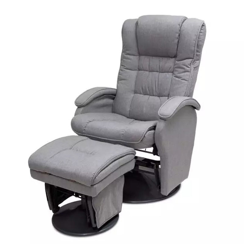 The Valco Baby Eurobell Glider With Ottoman by Valco Baby features a cushioned gray reclining chair with plush armrests, high back, soft fabric upholstery, and a matching padded footrest—perfect as a nursing chair.