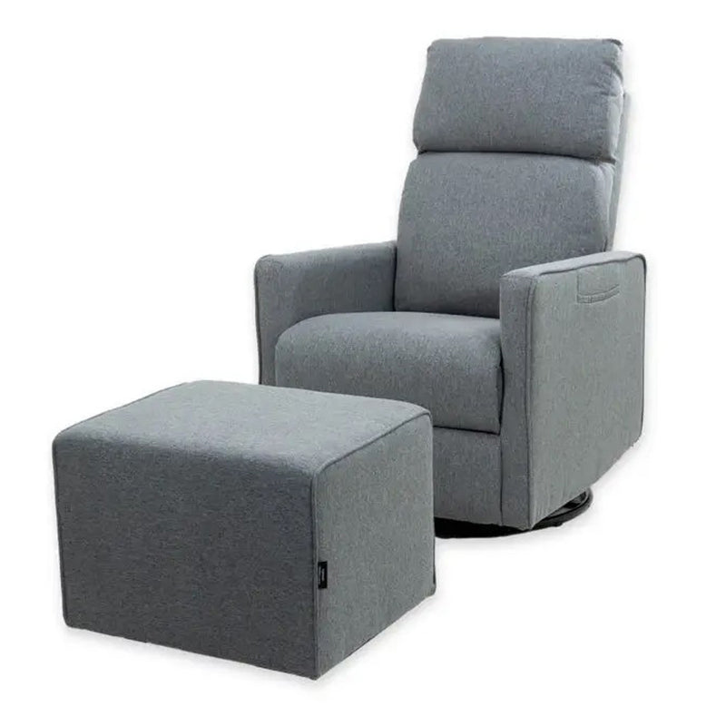 The Valco Baby Selene Glider with Matching Harmony Ottoman by Valco Baby features modern grey upholstery, a high backrest, and clean lines—ideal as a nursing chair that blends comfort and style.