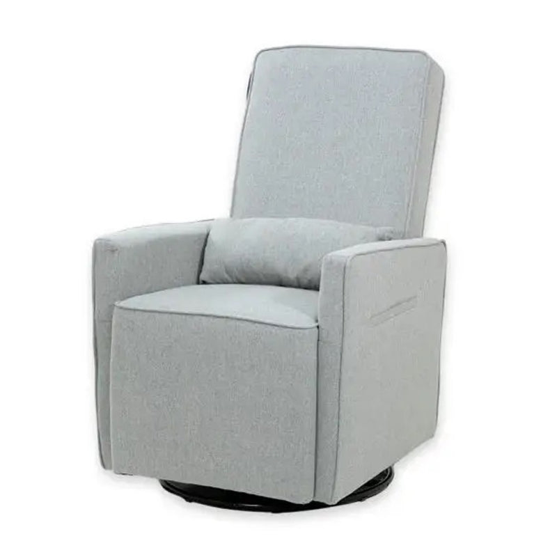 The Valco Baby Iris Glider Chair by Valco Baby features modern light gray upholstery, a tall backrest, lumbar support pillow, straight armrests, and a round black swivel base for comfort and style against a white background.