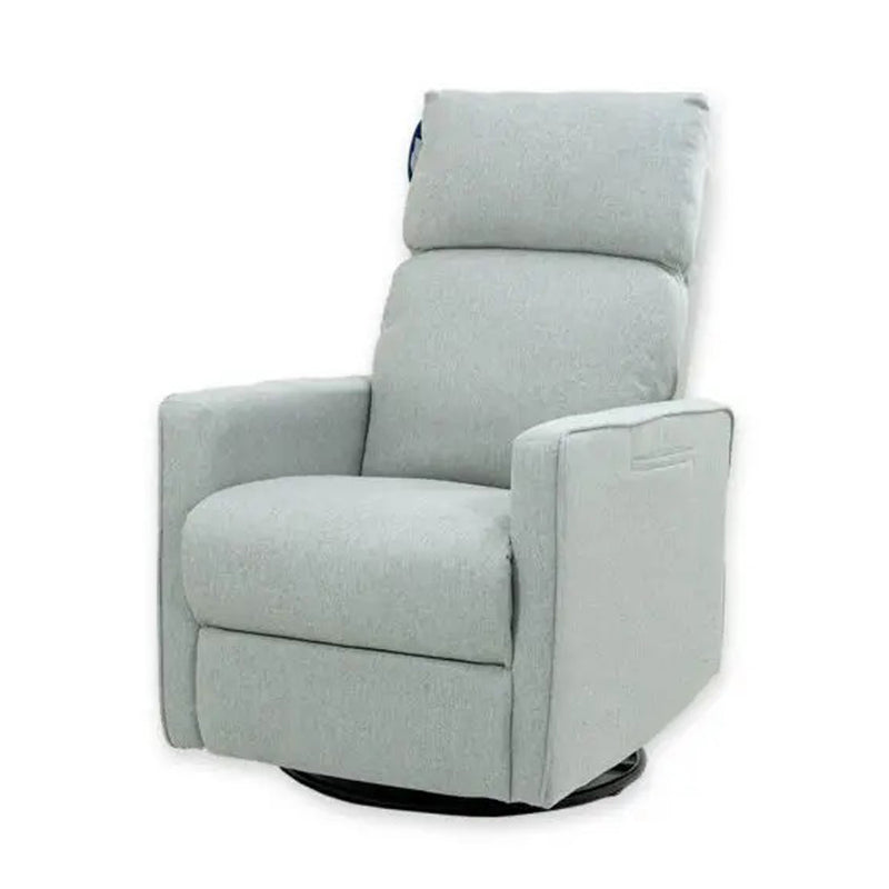 The Valco Baby Selene Glider Chair by Valco Baby features light gray upholstery, padded armrests, a tall cushioned back, and a circular base, displayed against a plain white background.