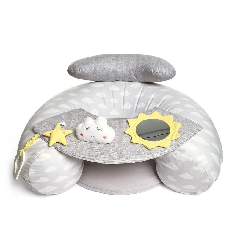The Mamas & Papas Dream Upon A Cloud Sit & Play Baby Floor Seat features a gray and white design with cloud patterns, a detachable tray, plush yellow star, smiling white cloud, and a yellow sun mirror—perfect for your nursery.