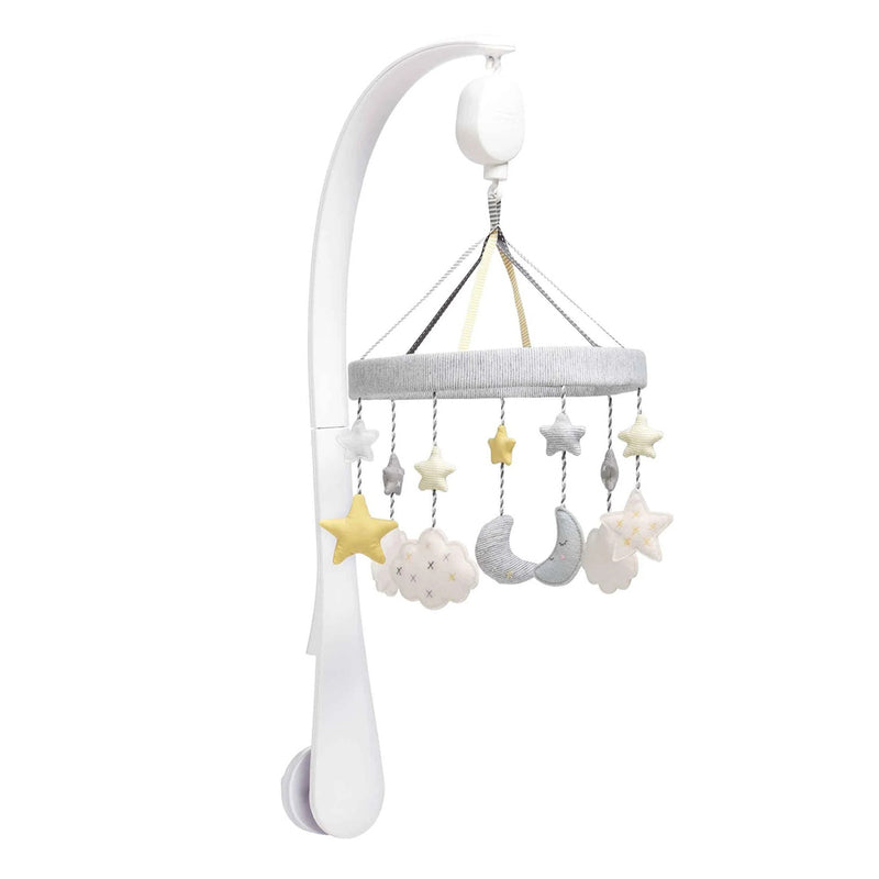 The Mamas & Papas Cot Mobile features a white curved arm and hanging plush stars, clouds, and moons in soft yellow, gray, and white—an adorable nursery accessory from Mamas & Papas.