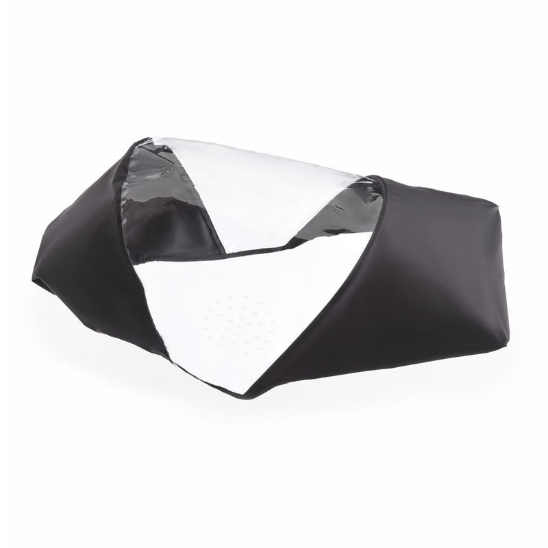 The Bugaboo Dragonfly Rain Cover by Bugaboo is a black-and-white, foldable bike cover with a white inner lining and a transparent section, offering stroller-style protection for your bicycle against dust and weather.