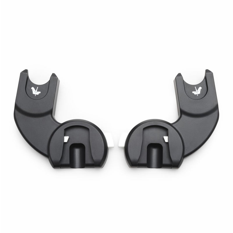 Two black plastic Bugaboo Dragonfly Maxi Cosi car seat adapters with circular bases and U-shaped tops, each featuring a white release button and bird logo, are shown side by side on a white background.