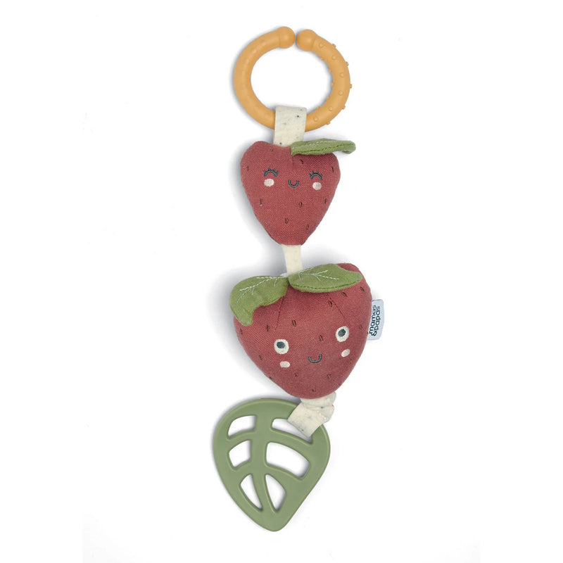 The Mamas & Papas Strawberry Activity Toy features two plush jittery strawberries with embroidered faces, green fabric leaves, a leaf-shaped teething ring, and a yellow ring handle—perfect for baby’s pushchair.